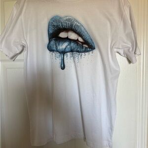 White T-Shirt with Blue Lip Print